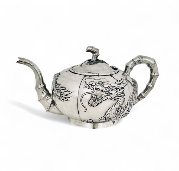 CHINESE EXPORT SILVER DRAGON TEA SET - Image 4